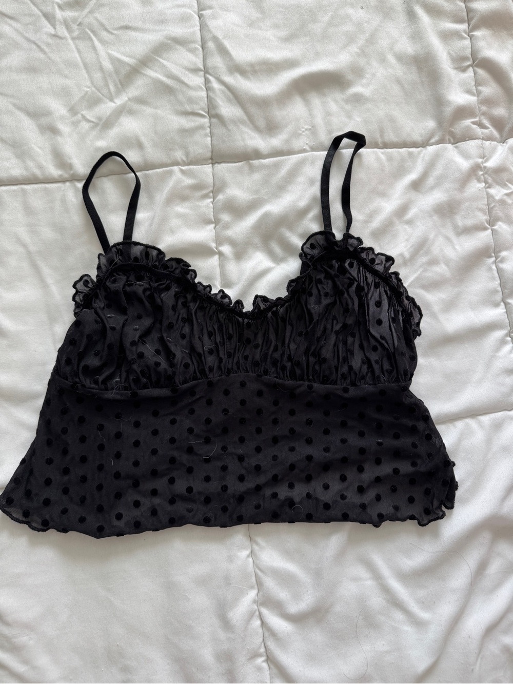 Forever 21 Sheer Black Polka Dot Ruffle Cropped Cami